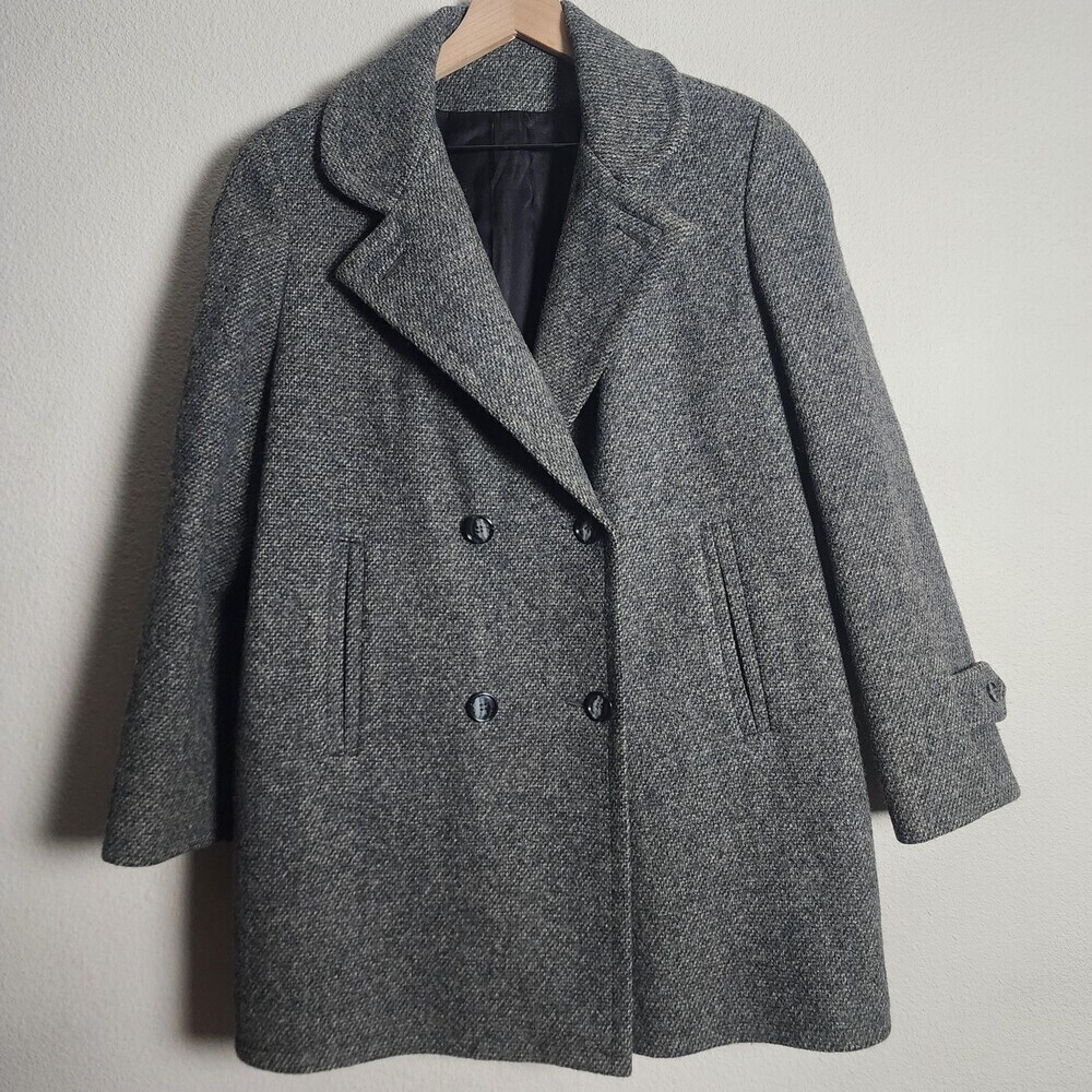 Vintage Wool Pea Coat Womens XL Herringbone Tweed Double Breasted Made USA 80s